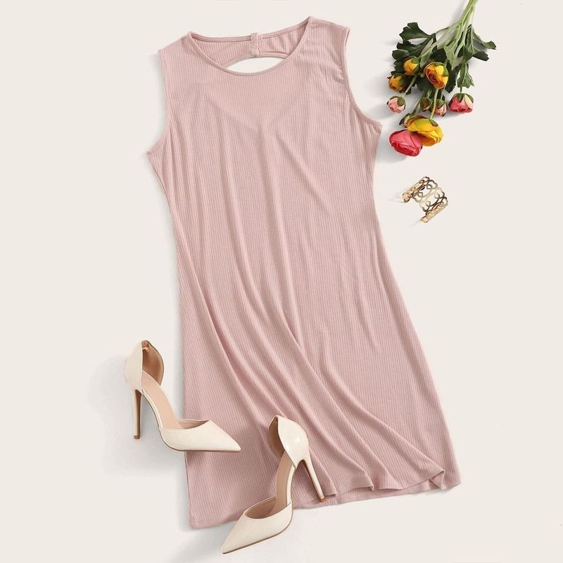 

Solid Peekaboo Back Ribbed Tank Dress, Pink pastel