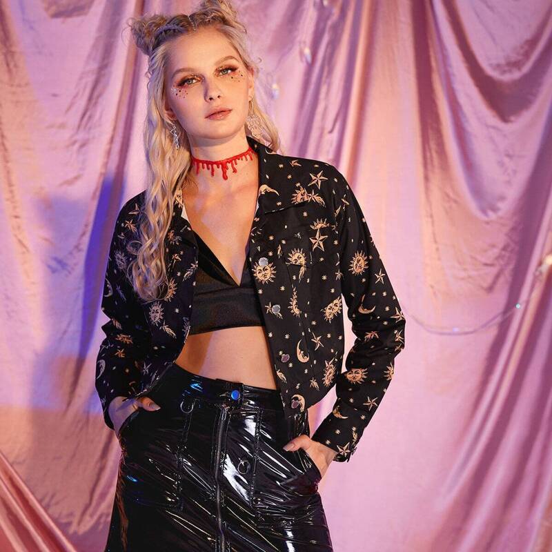 

Sun & Moon & Star Print Trucker Jacket, Black