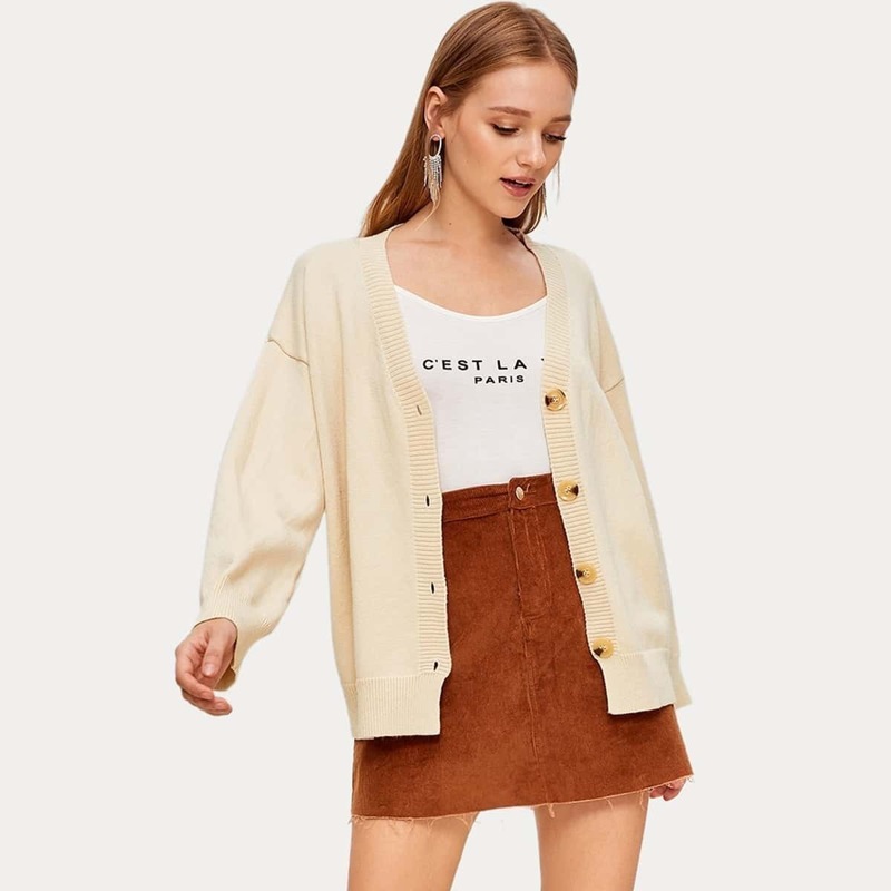 

Solid Button Through Drop Shoulder Cardigan, Beige