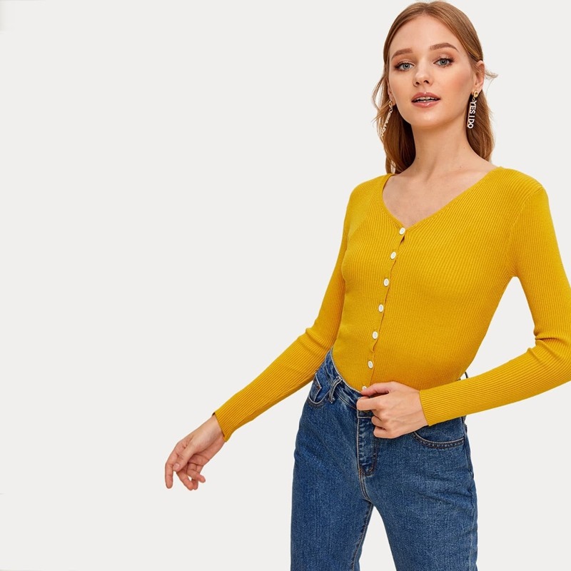 

Solid Button Through Fitted Cardigan, Yellow