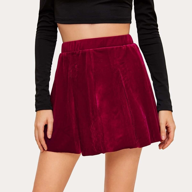 

Solid Velvet Mini Skater Skirt, Burgundy