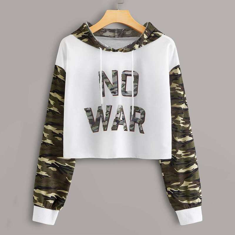 

Contrast Camo Print Drawstring Hoodie, White