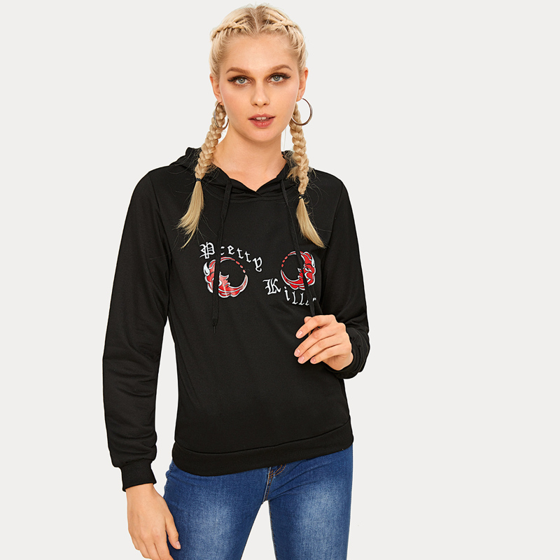

Letter & Moon Print Drawstring Hoodie, Black