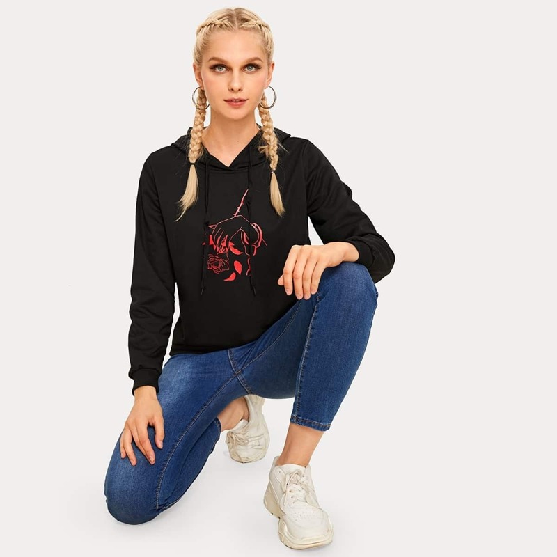 

Hand & Rose Print Drawstring Hoodie, Black
