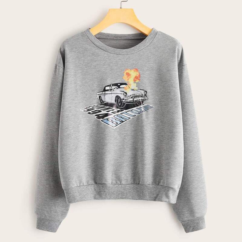

Letter & Car Print Drop Shoulder Sweatshirt, Grey