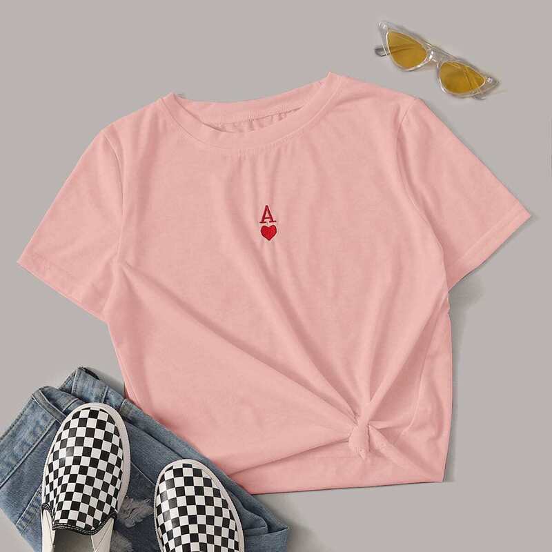

Poker Card Embroidery Short Sleeve Tee, Pink