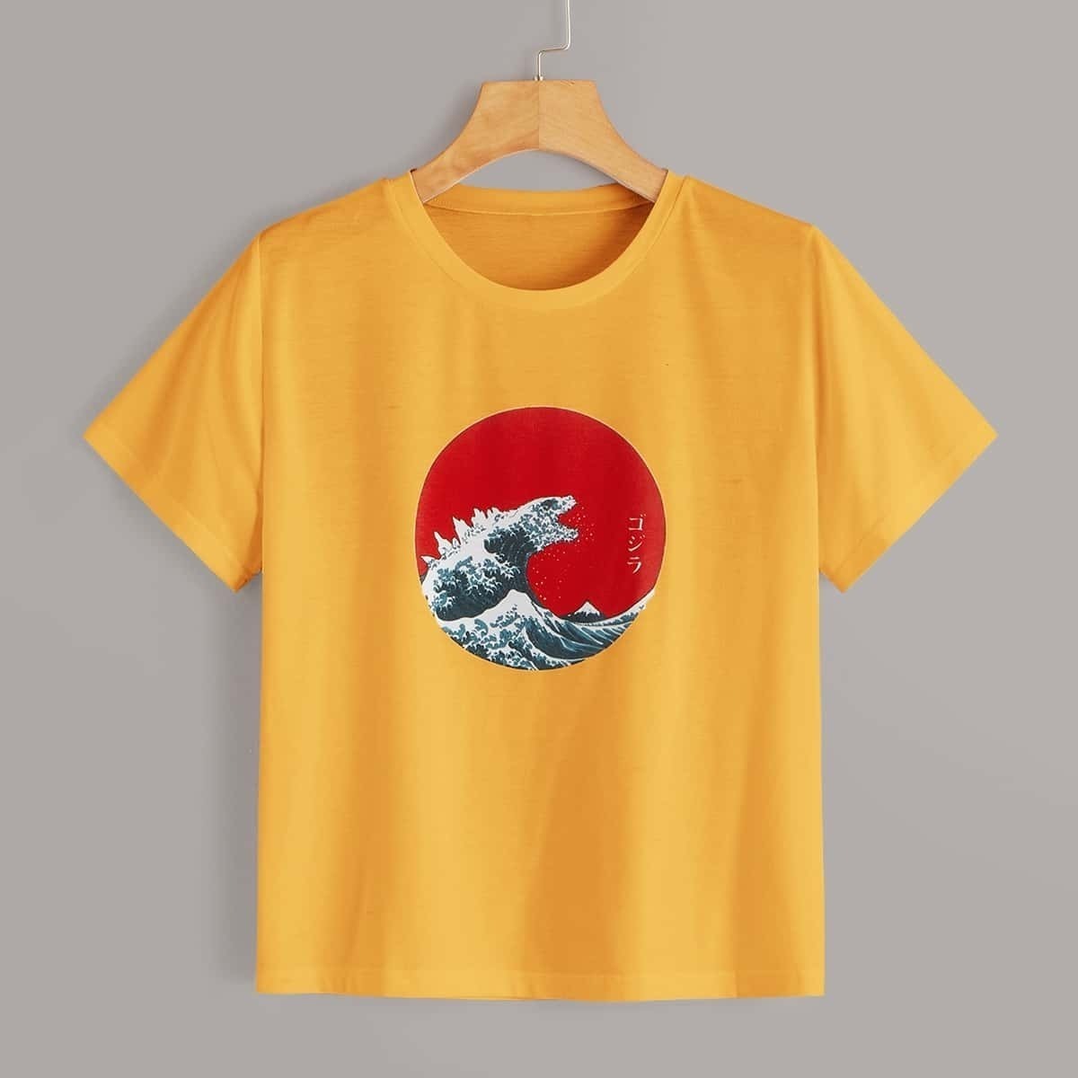 

Sea Wave Print Short Sleeve Tee, Yellow