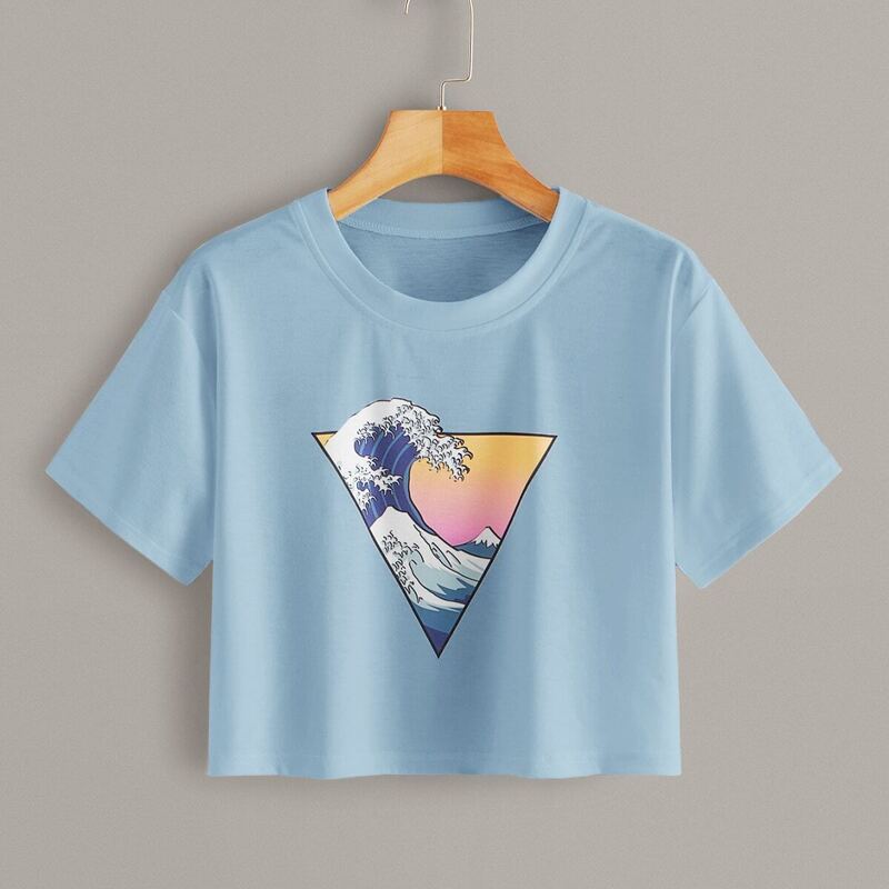 

Wave Print Crop Top, Blue pastel