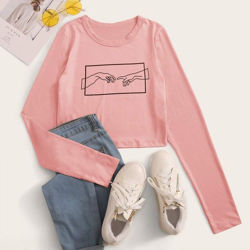 

Gesture Print Long Sleeve Tee, Pink