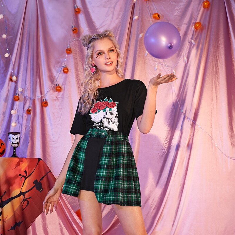 

Floral & Skull Print Short Sleeve Tee, Black