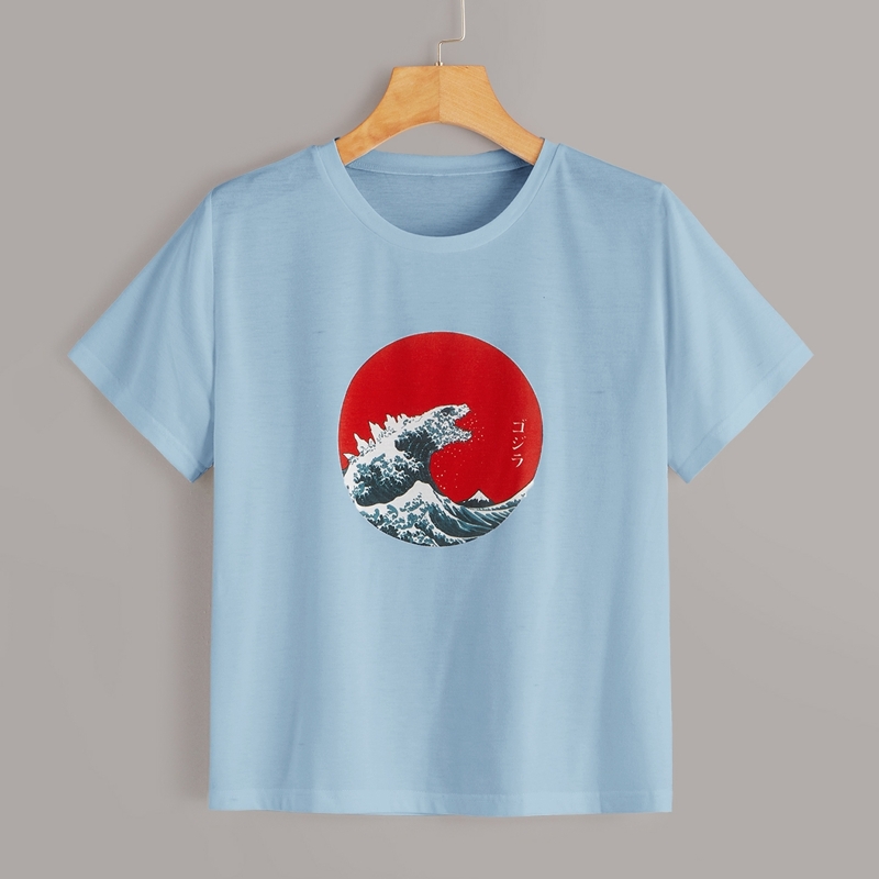 

Sea Wave Print Short Sleeve Tee, Blue pastel