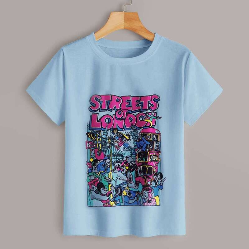 

Letter & Cartoon Print Short Sleeve Tee, Blue pastel