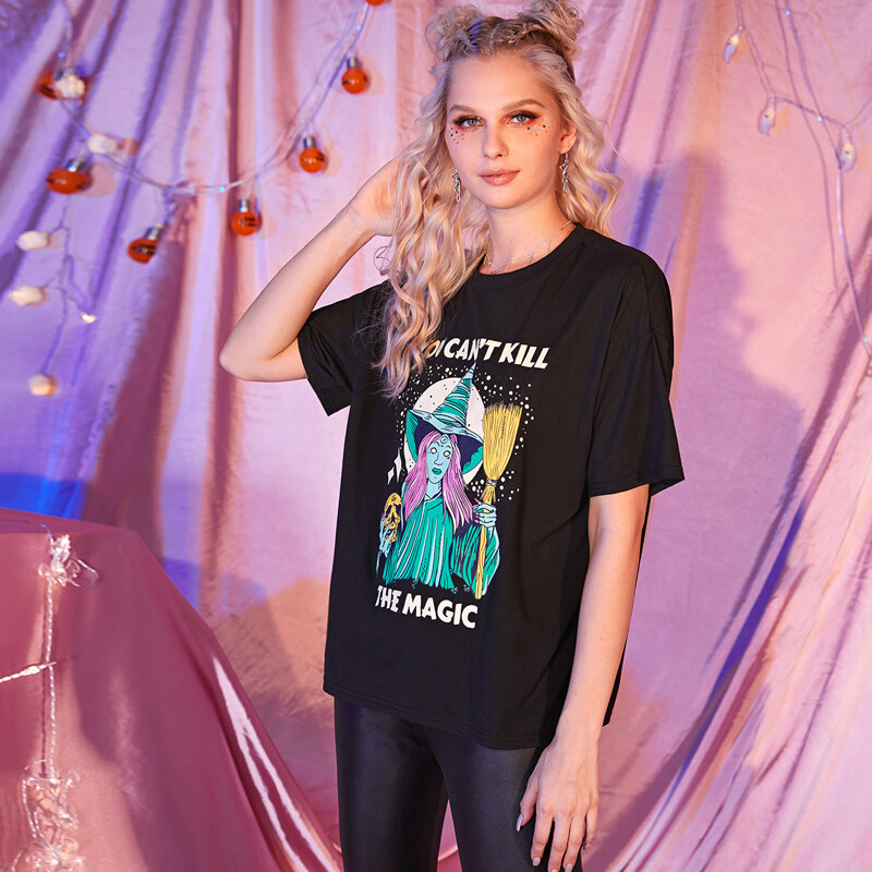 

Halloween & Letter Print Boxy Tee, Black