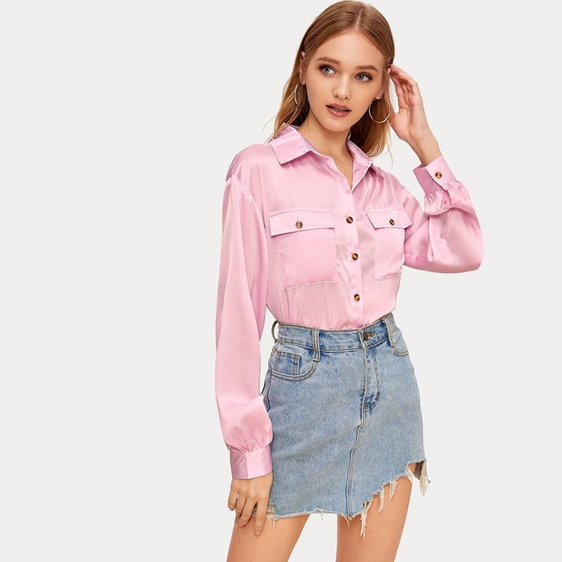 

Solid Flap Pocket Front Satin Utility Blouse, Pink