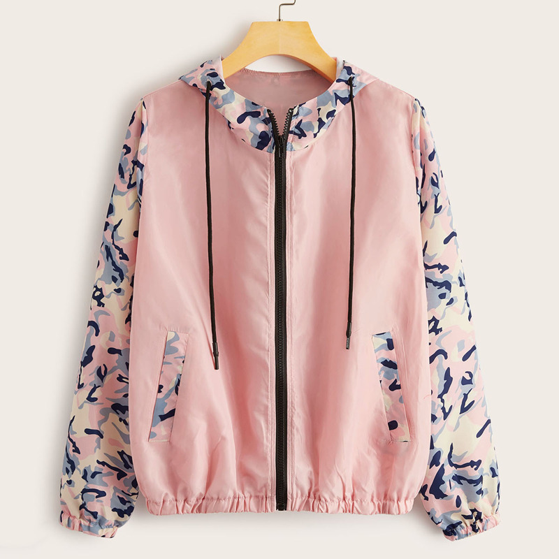 

Contrast Camo Print Zip-up Windbreaker Jacket, Pink