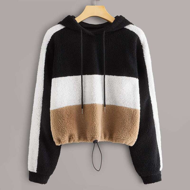 

Cut And Sew Panel Drawstring Teddy Hoodie, Multicolor
