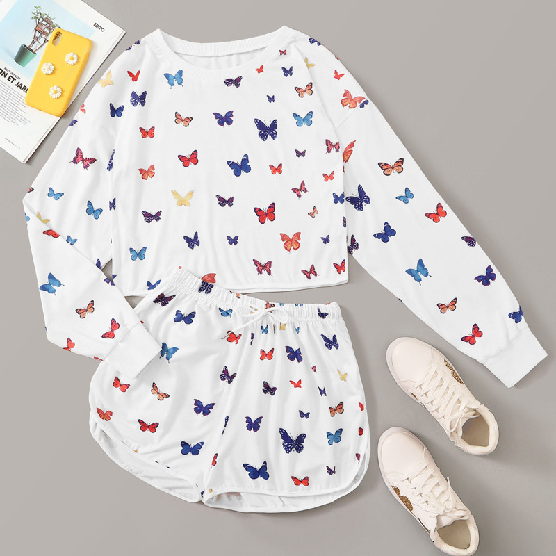

Butterfly Print Crop Tee With Dolphin Shorts, White