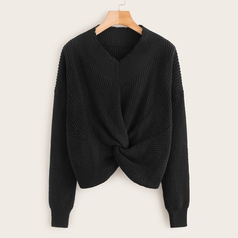 

Solid V-Neck Twist Front Sweater, Black