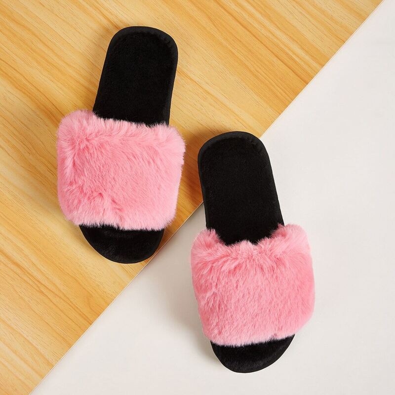 

Open Toe Fluffy Slippers, Pink