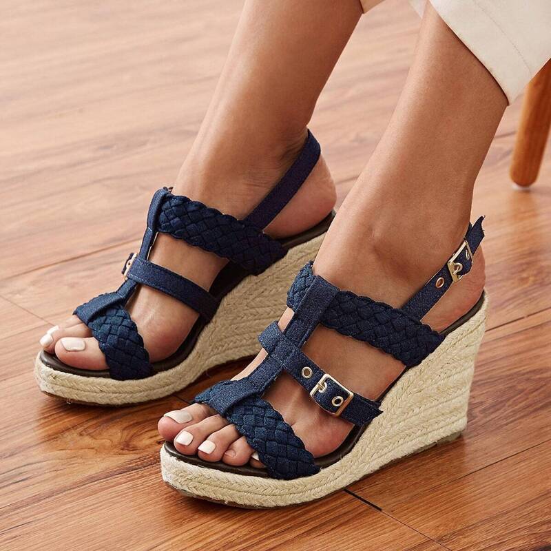 

Open Toe Buckle Strap Espadrille Wedges, Multicolor