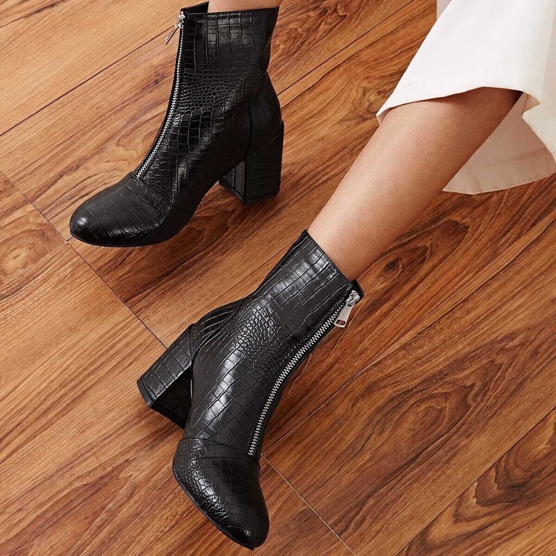 

Croc Embossed Zip Front Chunky Boots, Black