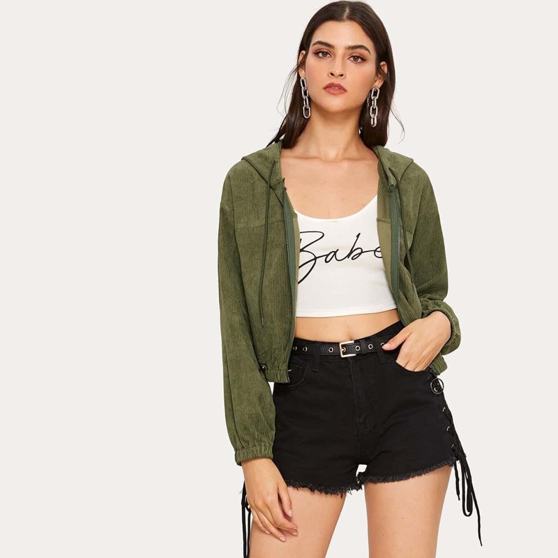 

Solid Zip-up Crop Corduroy Jacket, Army green