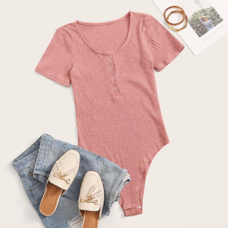 

Solid Ribbed Short Sleeve Bodysuit, Dusty pink
