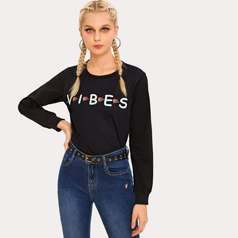 

Letter And Floral Print Sweatshirt, Black