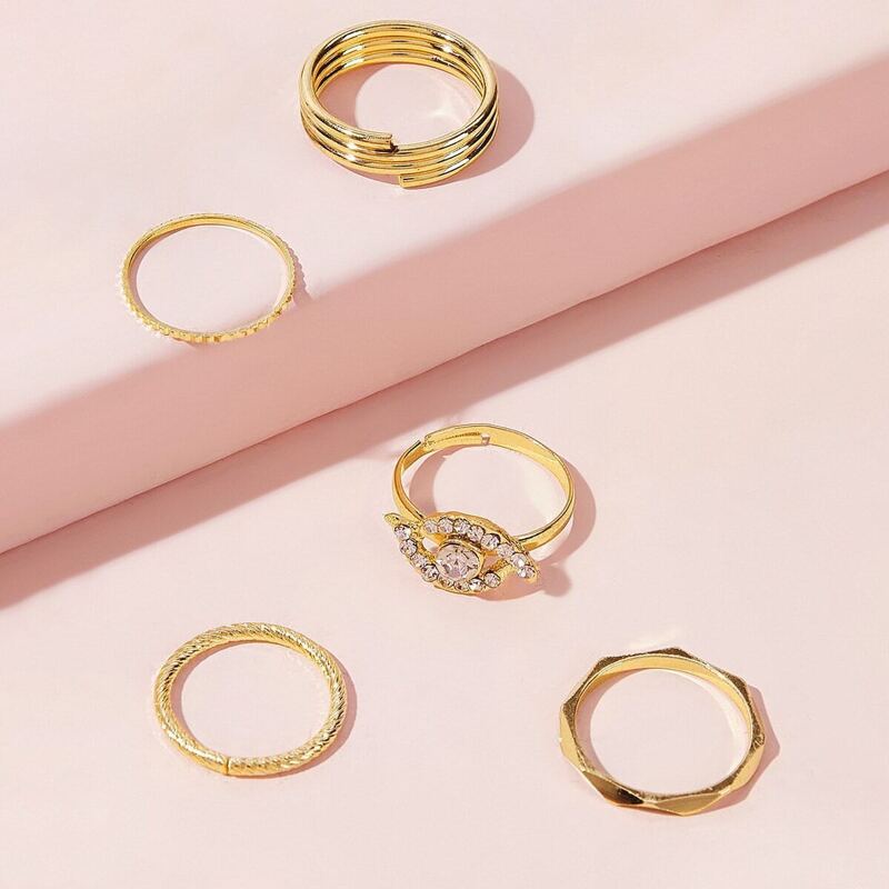 

Rhinestone Eye Decor Textured Ring Set 5pcs, Gold