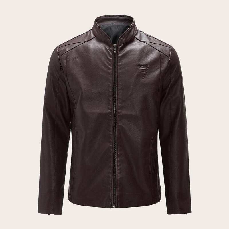

Guys Stand Collar PU Jacket, Burgundy