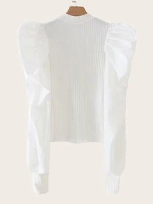 Suéter tejido de canalé de manga gigot - Blanco - Ver 2