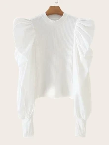 Suéter tejido de canalé de manga gigot - Blanco - Ver 1