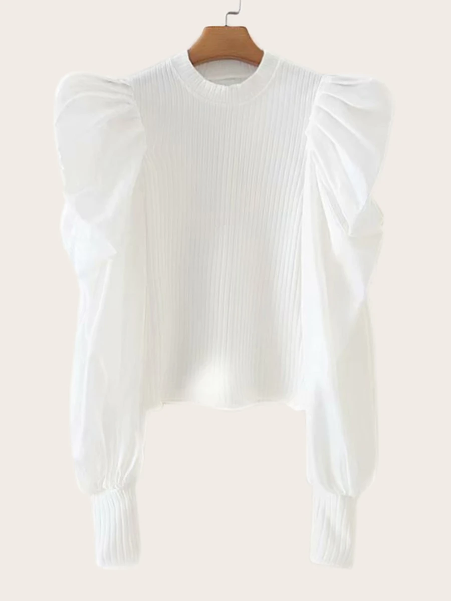 Suéter tejido de canalé de manga gigot - Blanco - Ver 1