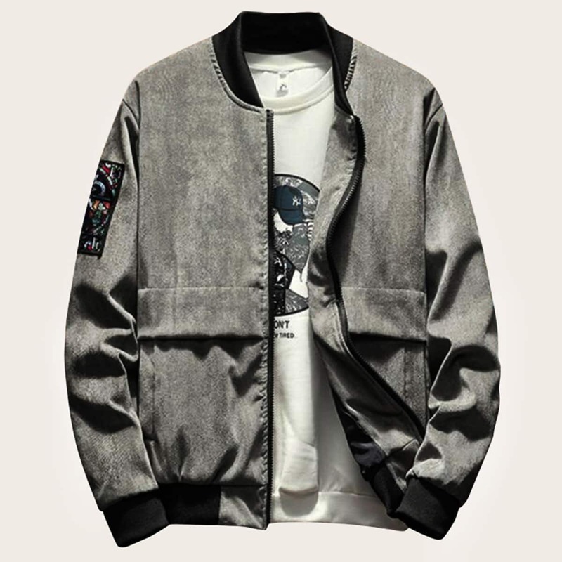 

Guys Letter Print Corduroy Bomber Jacket, Grey