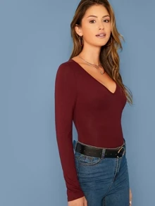 SHEIN Camiseta de cuello cortado V - Burdeos - Ver 3