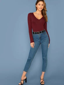 SHEIN Camiseta de cuello cortado V - Burdeos - Ver 5