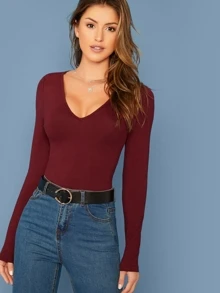 SHEIN Camiseta de cuello cortado V - Burdeos - Ver 1