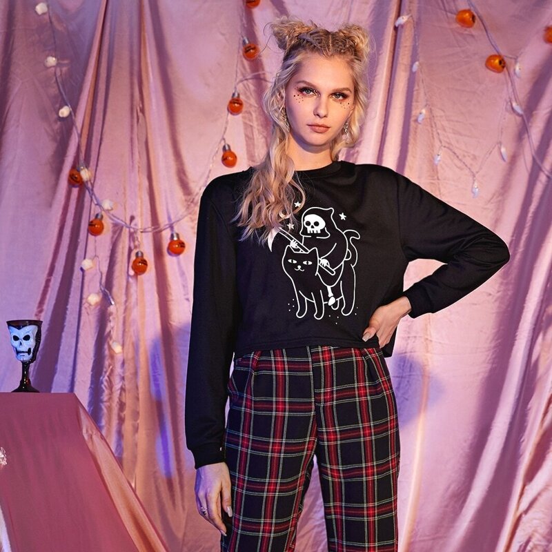 

Halloween Print Crop Sweatshirt, Black