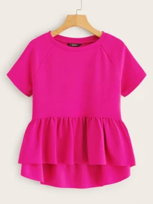 SHEIN Solid High-Low Ruffled Top - Hot Pink - View 1