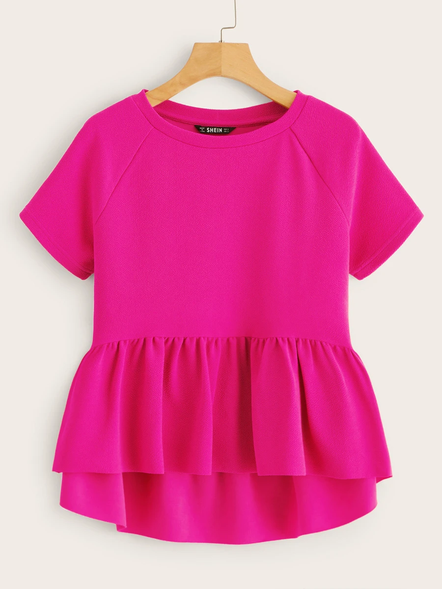 SHEIN Solid High-Low Ruffled Top - Hot Pink - View 1