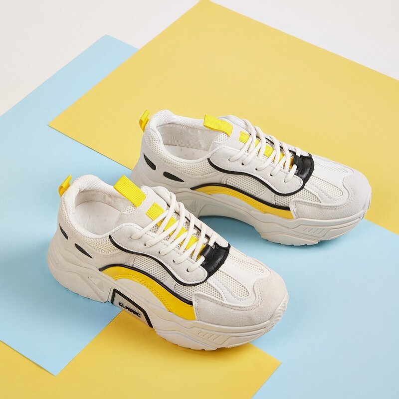 

Lace-up Mesh Panel Chunky Sneakers, White