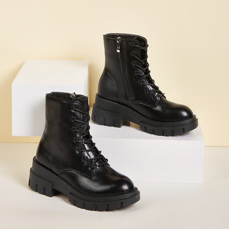 

Lace-up Side Zipper Lug Sole Combat Boots, Black