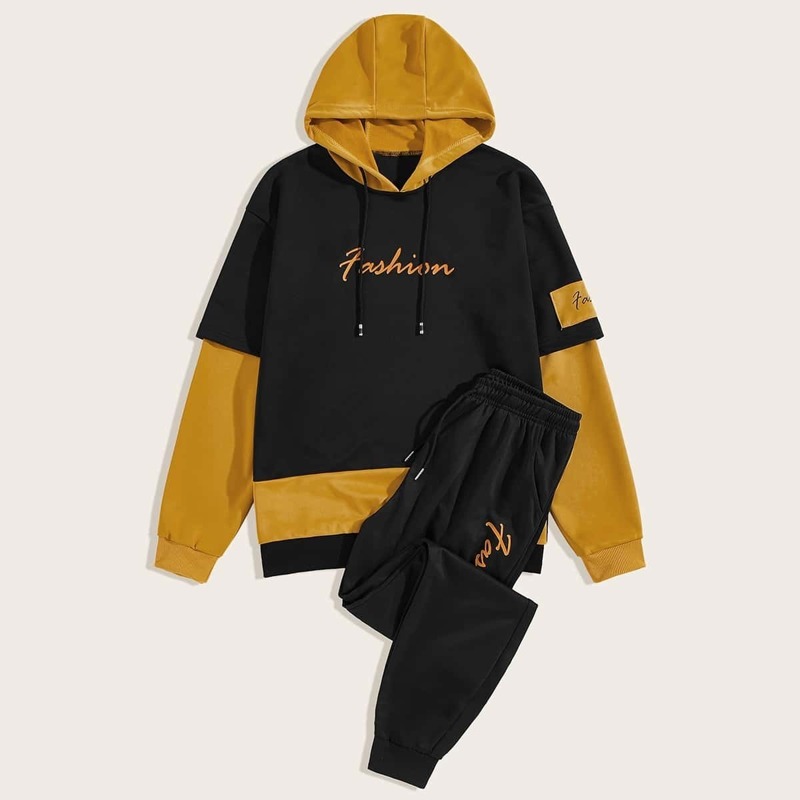

Guys Contrast Panel Letter Print Hoodie & Sweatpants, Multicolor