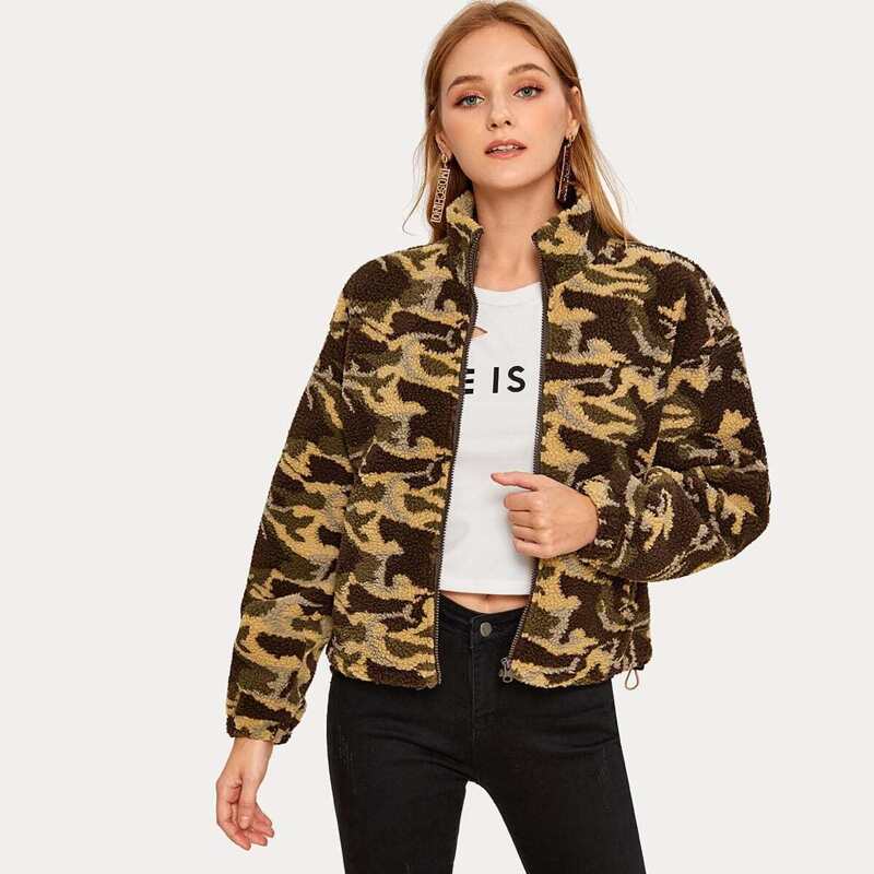 

Camo Print Zip-up Teddy Jacket, Multicolor