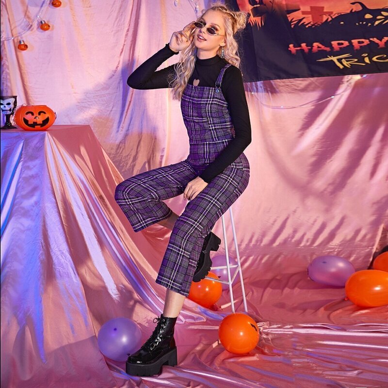 

Plaid Straight Leg Overalls, Purple