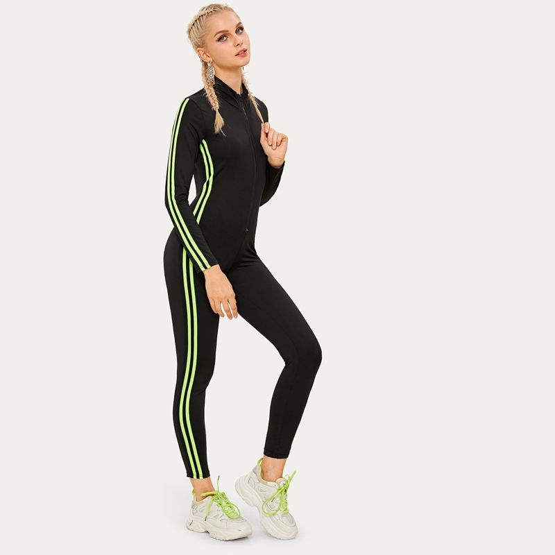 

Zip Front Side Stripe Unitard, Black