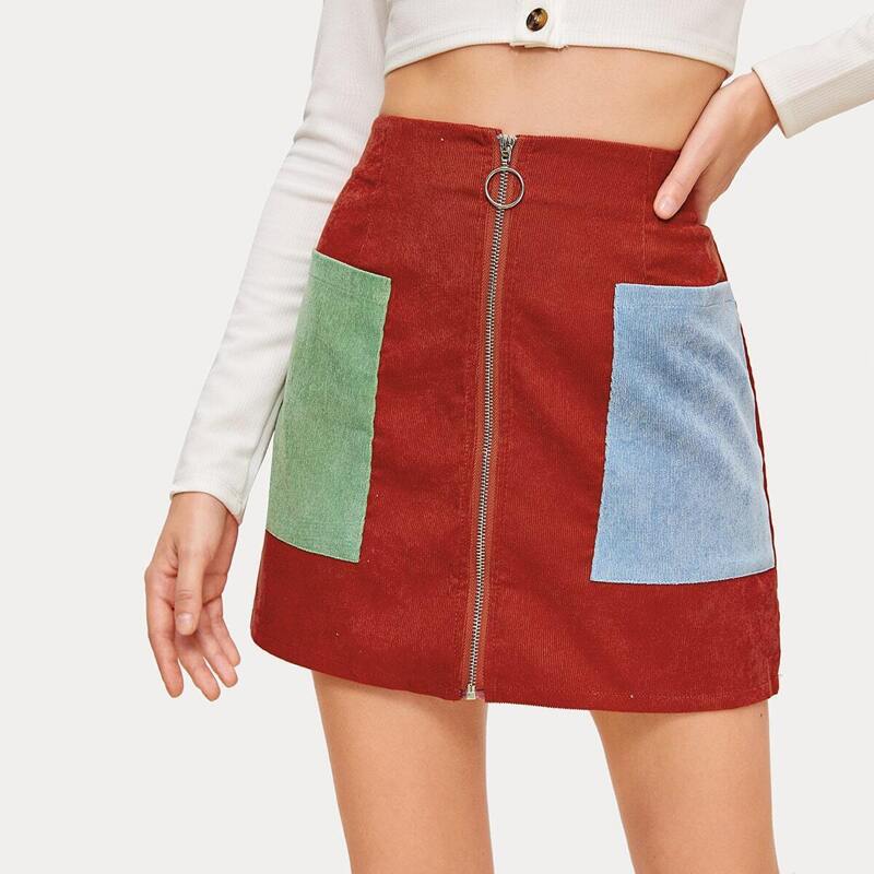 

Contrast Pocket Zip-up Corduroy Skirt, Multicolor