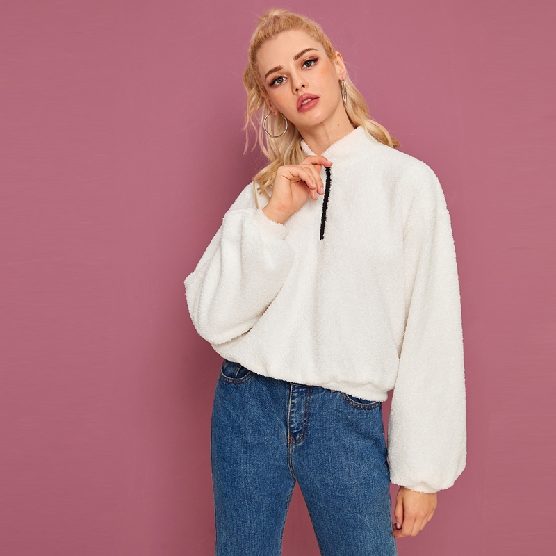 

Solid Half Zip Teddy Sweatshirt, Beige