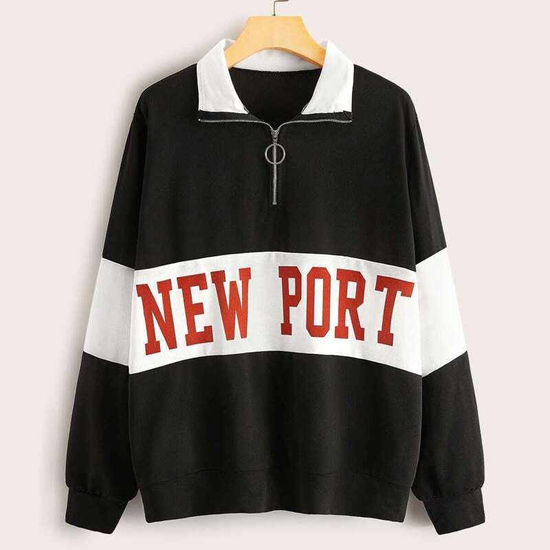 

Contrast Panel Letter Print Sweatshirt, Black and white