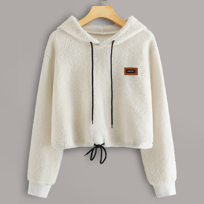 

Patched Drawstring Hem Crop Teddy Hoodie, Beige